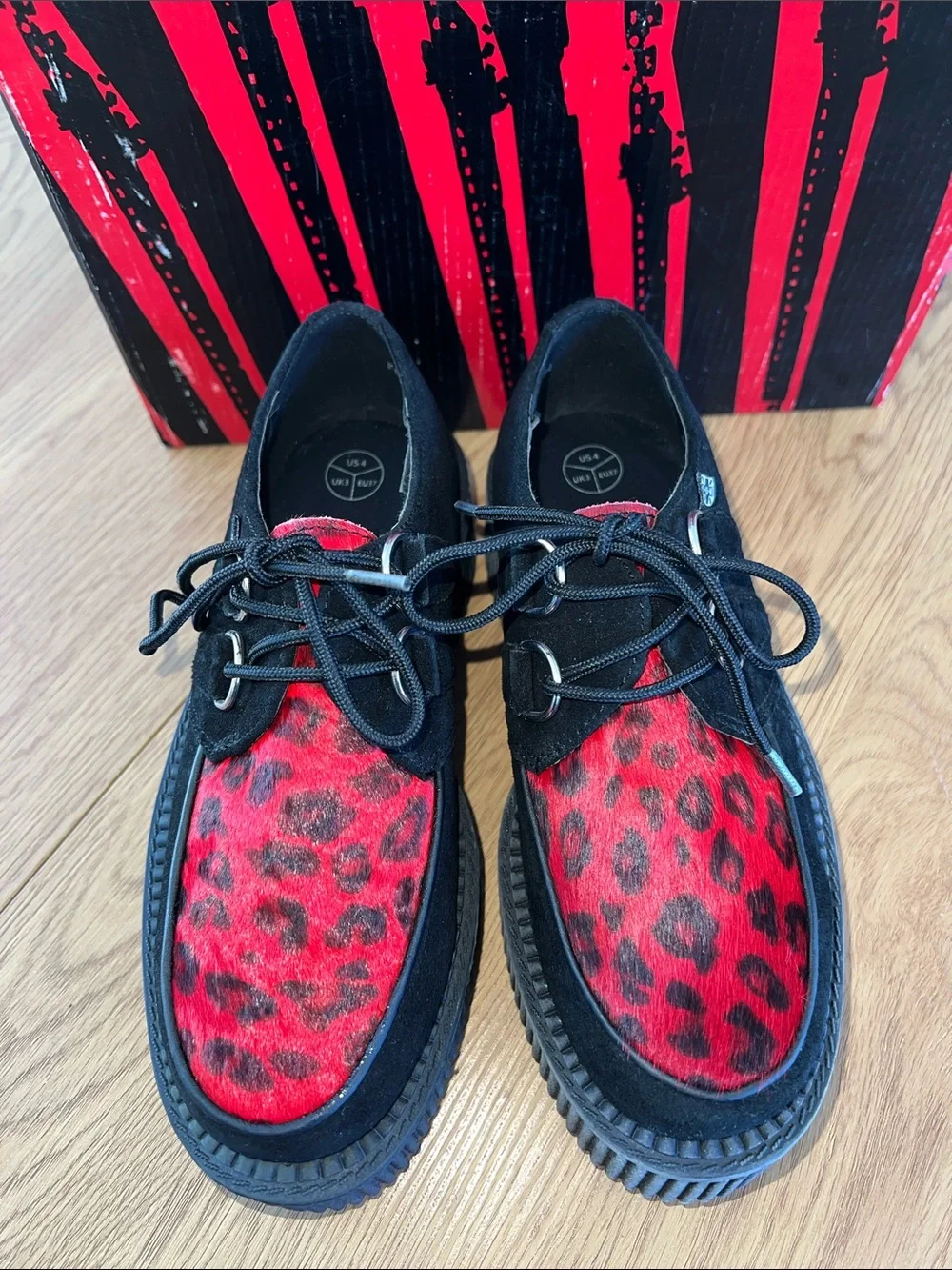 NIB T.U.K Mondo Creeper Black Shoes with Red Leopard Hair-On Leather